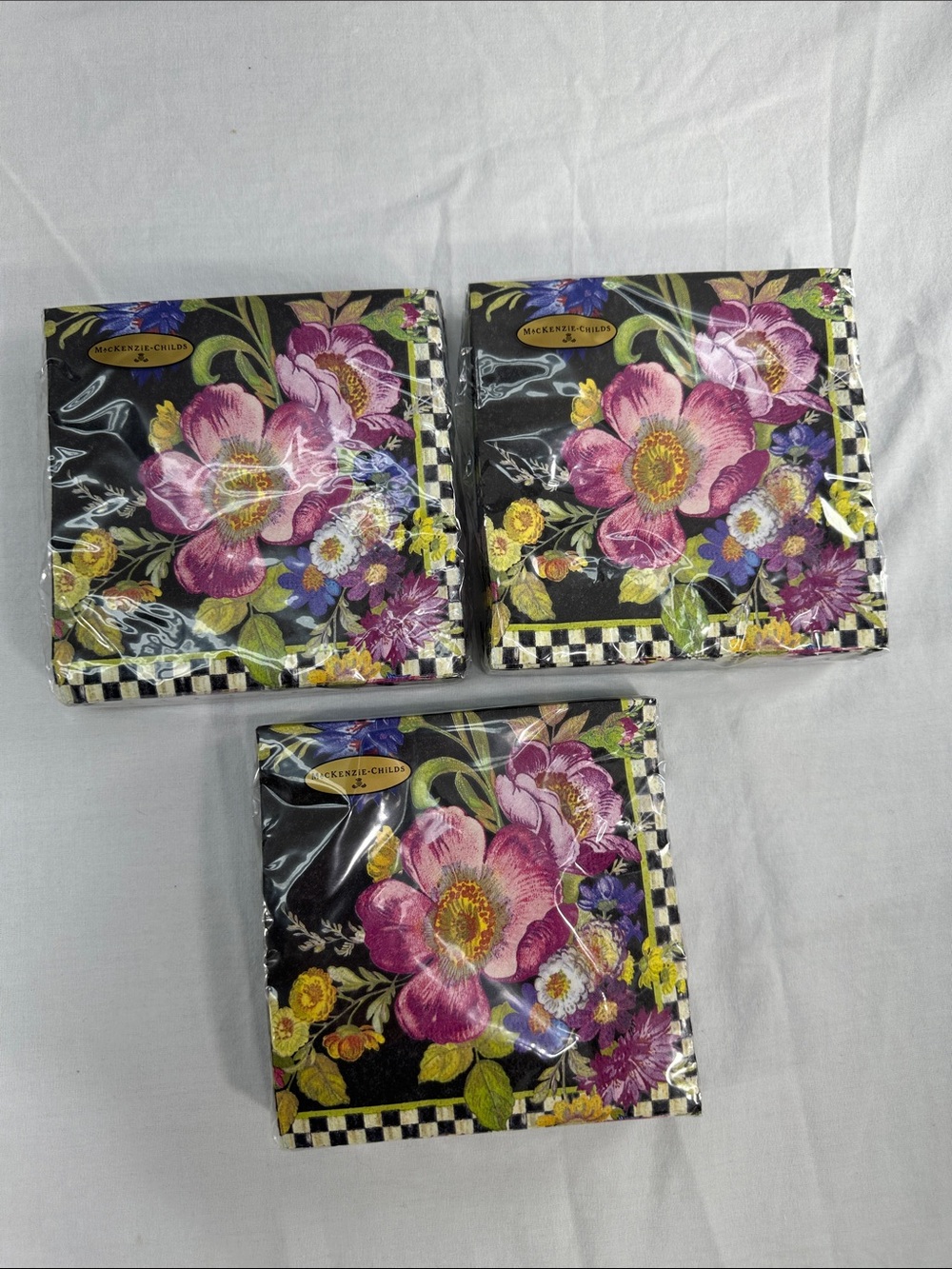 Lot 3 MacKenzie Childs Black Flower Market Paper Cocktail Napkins 3-ply 60pc